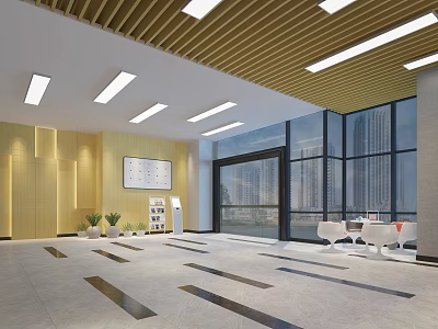 Modern Front Desk Reception Area With Bright Interior Wooden Ceiling Large Glass Windows And Plants 3d model