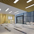 Modern Front Desk Reception Area With Bright Interior Wooden Ceiling Large Glass Windows And Plants