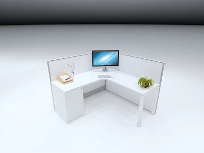 White Corner Office Desk With Computer Monitor Green Plant And Notebook Partition 3d model