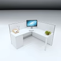 White Corner Office Desk With Computer Monitor Green Plant And Notebook Partition