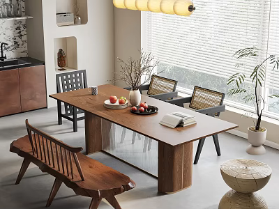 Wooden Dining Table Set With Chairs Bench Fruit Bowl Books And Natural Light Window Plants 3d model