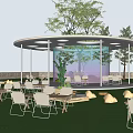 Outdoor Pavilion In Lush Green Lawn With White Tables Chairs Round Transparent Structure And Trees