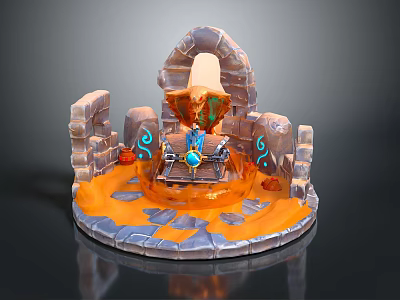 Cartoon Scene with Stone Arch Orange Lava Pool and Blue Glowing Runes Around Central Altar 3d model