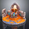Cartoon Scene with Stone Arch Orange Lava Pool and Blue Glowing Runes Around Central Altar