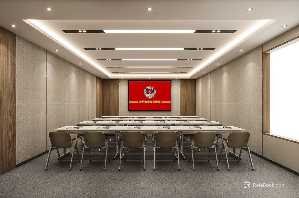 Modern Meeting Room Interior With Long Table Chairs Red Screen And Wooden Backdrop 3d model 