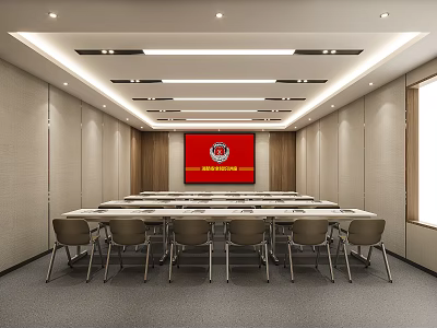 Modern Meeting Room Interior With Long Table Chairs Red Screen And Wooden Backdrop 3d model