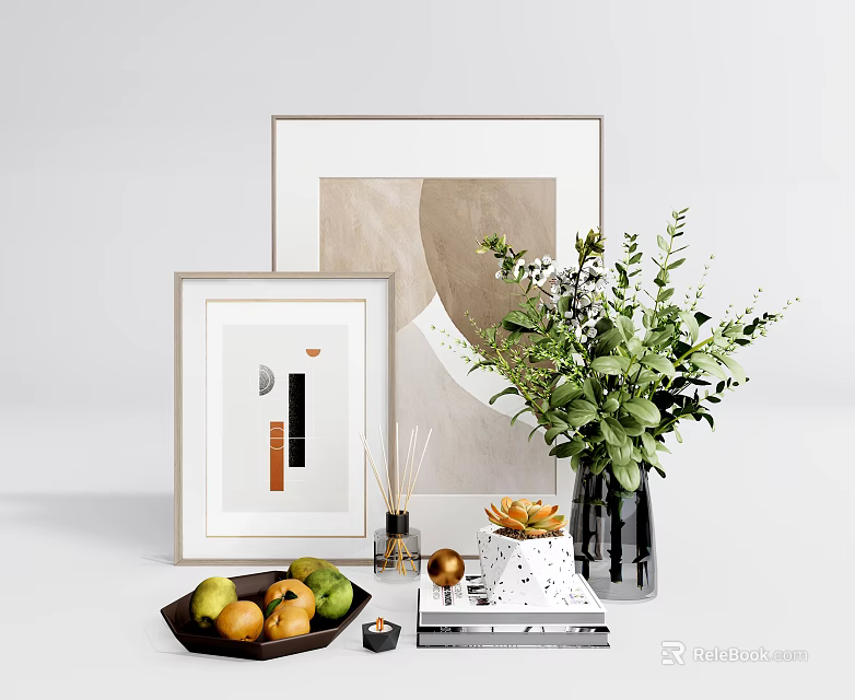 Decorative Ornament Combination with Framed Art Green Plants Fruit Bowl and Golden Decor Accents 3d model 
