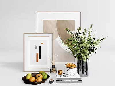 Decorative Ornament Combination with Framed Art Green Plants Fruit Bowl and Golden Decor Accents 3d model