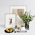 Decorative Ornament Combination with Framed Art Green Plants Fruit Bowl and Golden Decor Accents