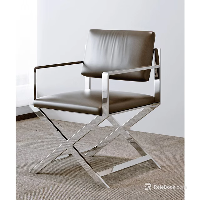 Modern Leather Upholstered Armchair With Chrome Metal Frame And X Shaped Legs 3d model 