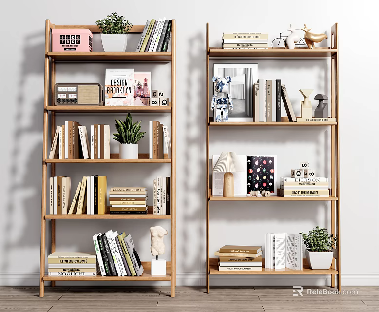 Natural Wooden Multi tiered Bookcase With Books Green Plants And Decorative Items 3d model 