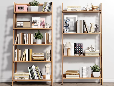 Natural Wooden Multi tiered Bookcase With Books Green Plants And Decorative Items 3d model