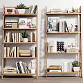 Natural Wooden Multi tiered Bookcase With Books Green Plants And Decorative Items