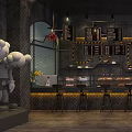 Industrial Style Café Interior Design With Bar Counter And Cozy Seating Area