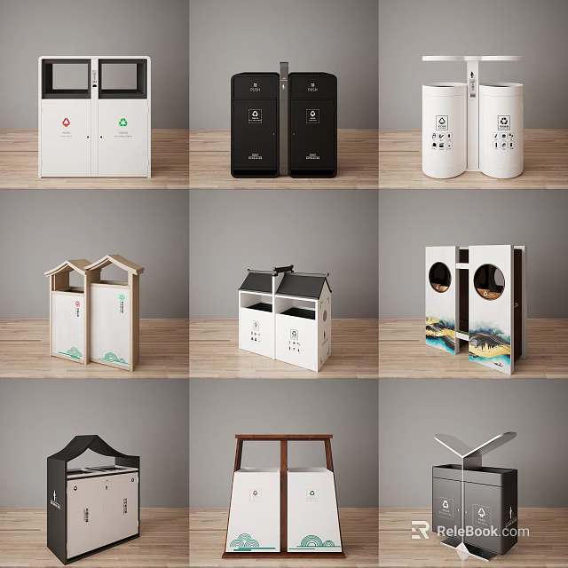 Public Facilities Trash Bins With Various Designs Different Materials And Decorative Patterns 3d model