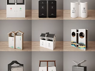 Public Facilities Trash Bins With Various Designs Different Materials And Decorative Patterns 3d model