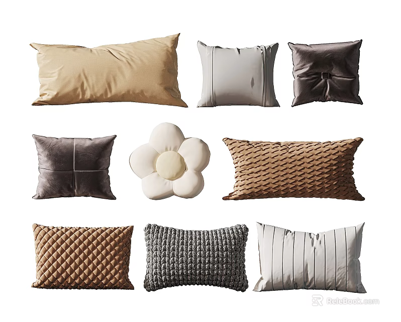 Decorative Throw Pillows With Various Styles Textures Beige Gray Brown White Woven Quilted Striped Designs 3d model 