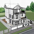 Modern Three Story White Detached Villa With Balconies And Walled Gate Surrounded By Green Trees