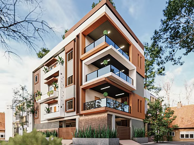 Modern Detached Villa Exterior With Multi Story Design Balconies And Landscaped Greenery 3d model
