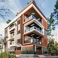 Modern Detached Villa Exterior With Multi Story Design Balconies And Landscaped Greenery