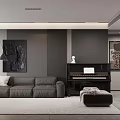 Modern Dining and Living Room Interior With Gray TV Wall Digital Clock And Dining Table