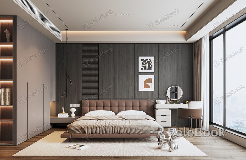 Modern Italian Bedroom Wardrobe Bedside Table Suspension Bed Chandelier Carpet Curtain Dressing Table model