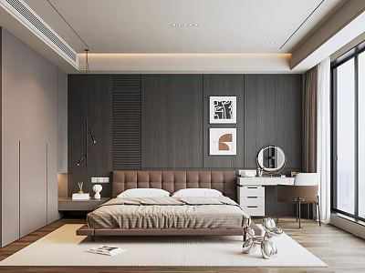 Modern Bedroom Interior With Brown Headboard White Linens Wall Art Dressing Table And Wooden Flooring 3d model