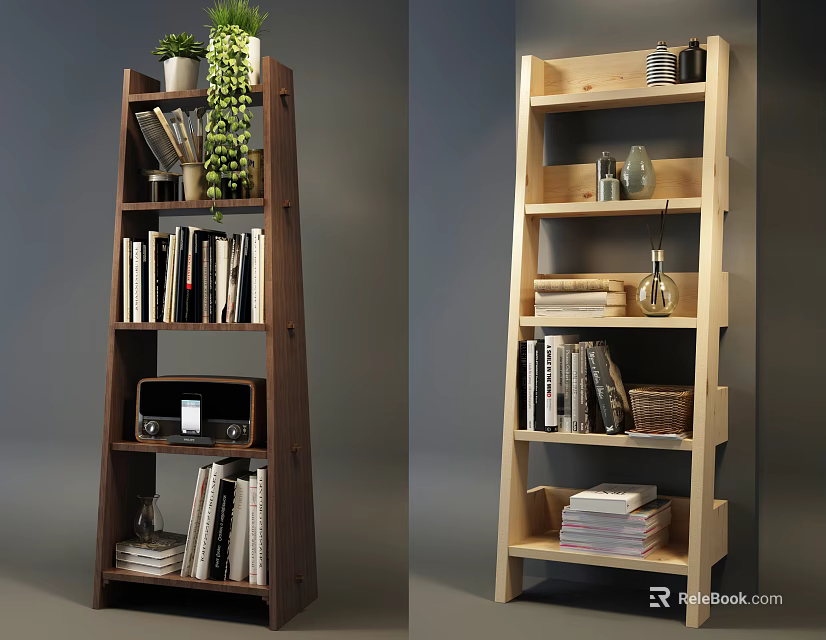 Dark And Light Wooden Bookcases With Multiple Shelves Holding Books Decorations Green Plants And Vase 3d model 