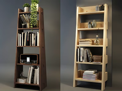 Dark And Light Wooden Bookcases With Multiple Shelves Holding Books Decorations Green Plants And Vase 3d model
