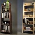 Dark And Light Wooden Bookcases With Multiple Shelves Holding Books Decorations Green Plants And Vase