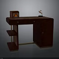 Dark Wooden Desk With Drawer Shelf Vintage Radio And Sculpture Decoration