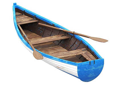 Vintage Blue and White Wooden Boat Featuring Wooden Seats and Oars 3d model