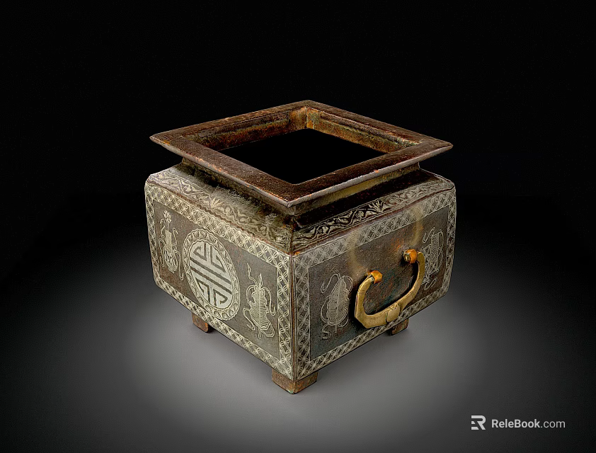Ancient Bronze Container With Intricate Carvings Ring Handle And Square Opening 3d model 