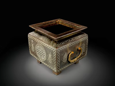Ancient Bronze Container With Intricate Carvings Ring Handle And Square Opening 3d model