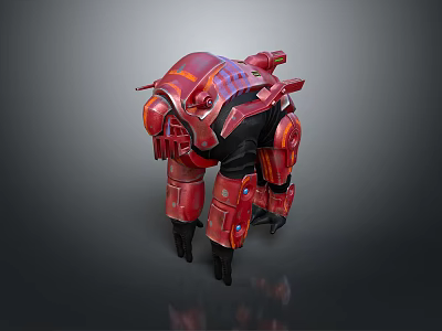 Game Movie Character In Red Mechanical Armor With Detailed Metallic Plates And Joints 3d model