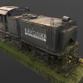 Old Rusty Steam Train on Grass Covered Tracks with Multiple Chimneys and Mechanical Parts