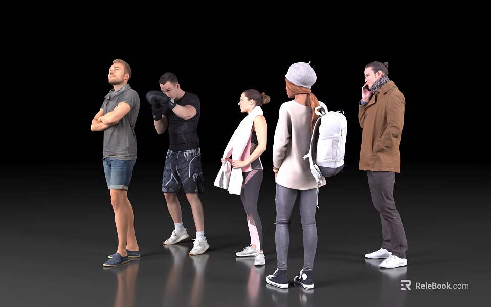 Five people standing in a line with back view wearing various clothing styles and accessories 3d model 