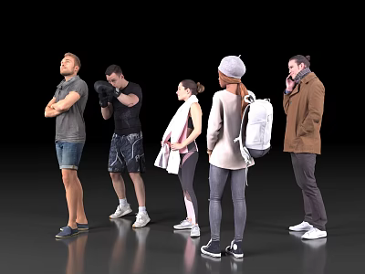 Five people standing in a line with back view wearing various clothing styles and accessories 3d model