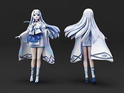 Game Movie Character With Long White Hair Blue White Cloak Short Skirt Blue Boots 3d model