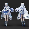 Game Movie Character With Long White Hair Blue White Cloak Short Skirt Blue Boots