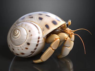 Hermit Crab With Spiral Spotted Shell On Dark Reflective Background 3d model