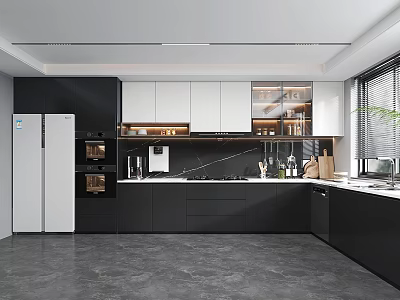 Modern Kitchen Interior Design With Black White Cabinets Island And Appliances 3d model