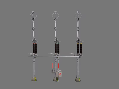 Industrial Equipment Three High Voltage Support Insulators With Metal Poles And Base 3d model
