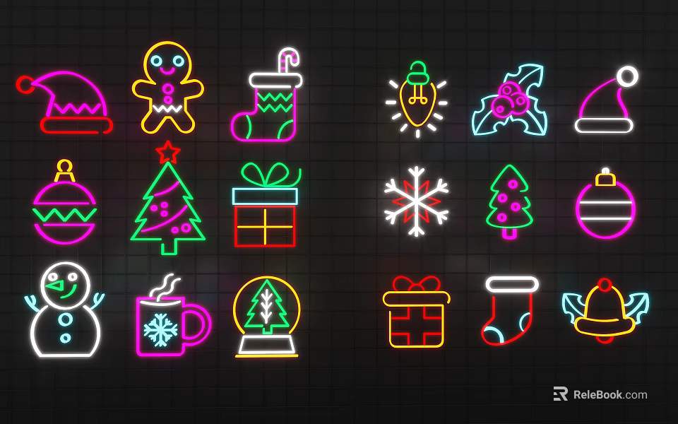 Colorful Christmas Themed Neon Decorative Lights with Gingerbread Man Tree Gift and Snowflake 3d model 