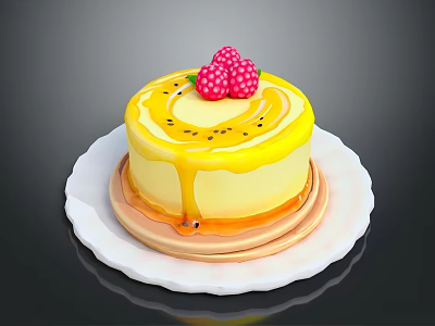 Delicious Cake With Yellow Glaze Fresh Raspberries And Kiwi Seeds On White Plate 3d model