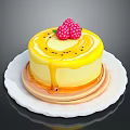 Delicious Cake With Yellow Glaze Fresh Raspberries And Kiwi Seeds On White Plate