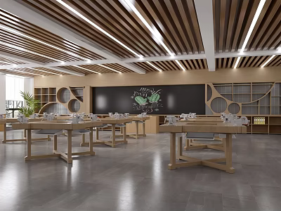 Modern School Classroom Interior With Wooden Tables Blackboard Shelves And Green Plants 3d model