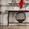 Wooden Console Table With Circular Decor Red Cloth And Striped Wall Backdrop 3d model