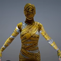 Game and Movie Character in Yellow Bodysuit with Tape Patterns and Masked Head