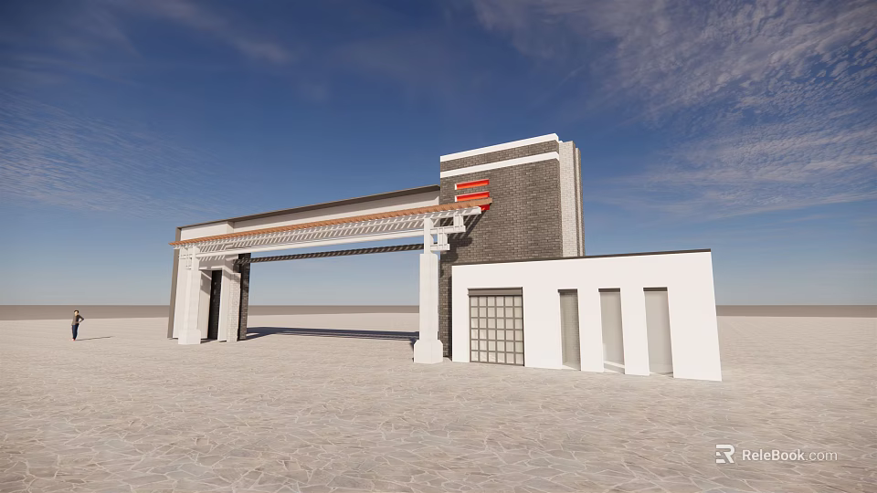 Modern Entrance Gate Design With Brick Wall Metal Frame And Glass Elements 3d model 